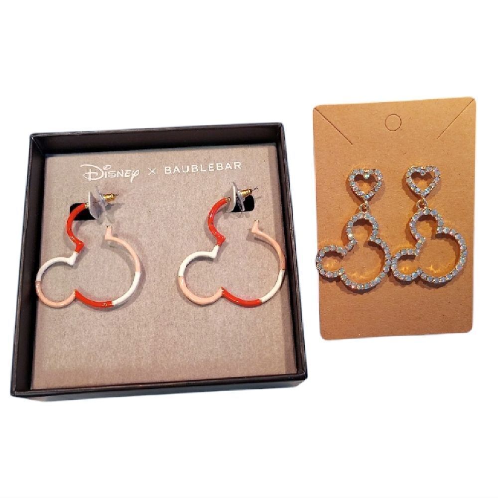 Disney Baublebar Mickey Mouse Hoop and Rhinestone Drop Earrings Bundle NWT